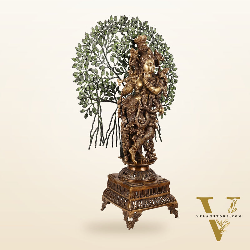 Brass Krishna with Kalpavriksha tree statue - 35"