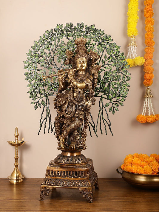 Brass Krishna with Kalpavriksha tree statue - 35"