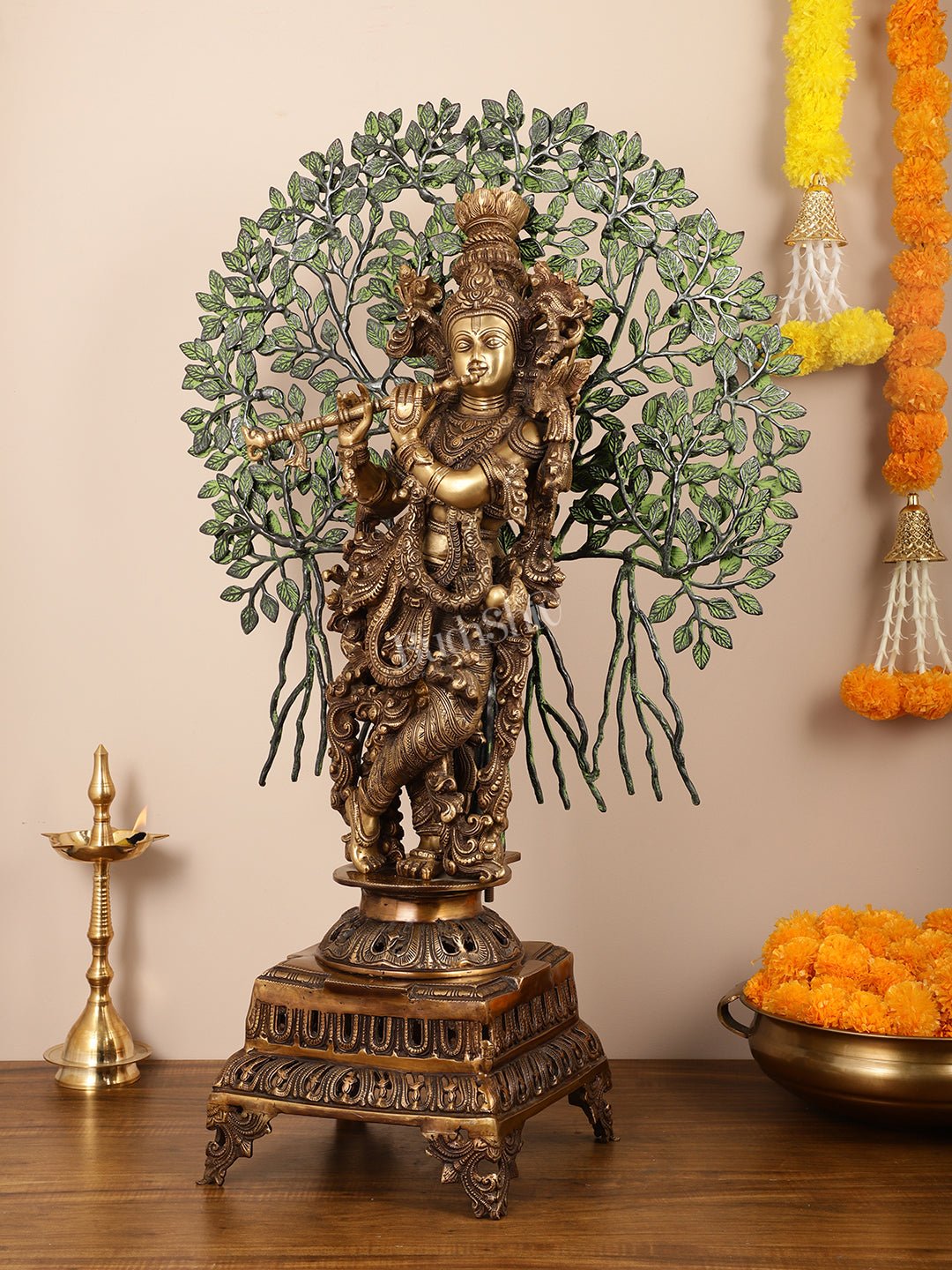 Brass Krishna with Kalpavriksha tree statue - 35"