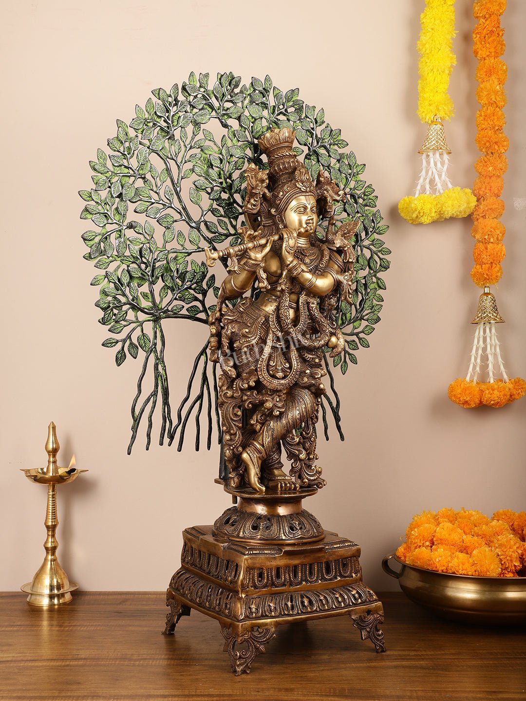 Brass Krishna with Kalpavriksha tree statue - 35"