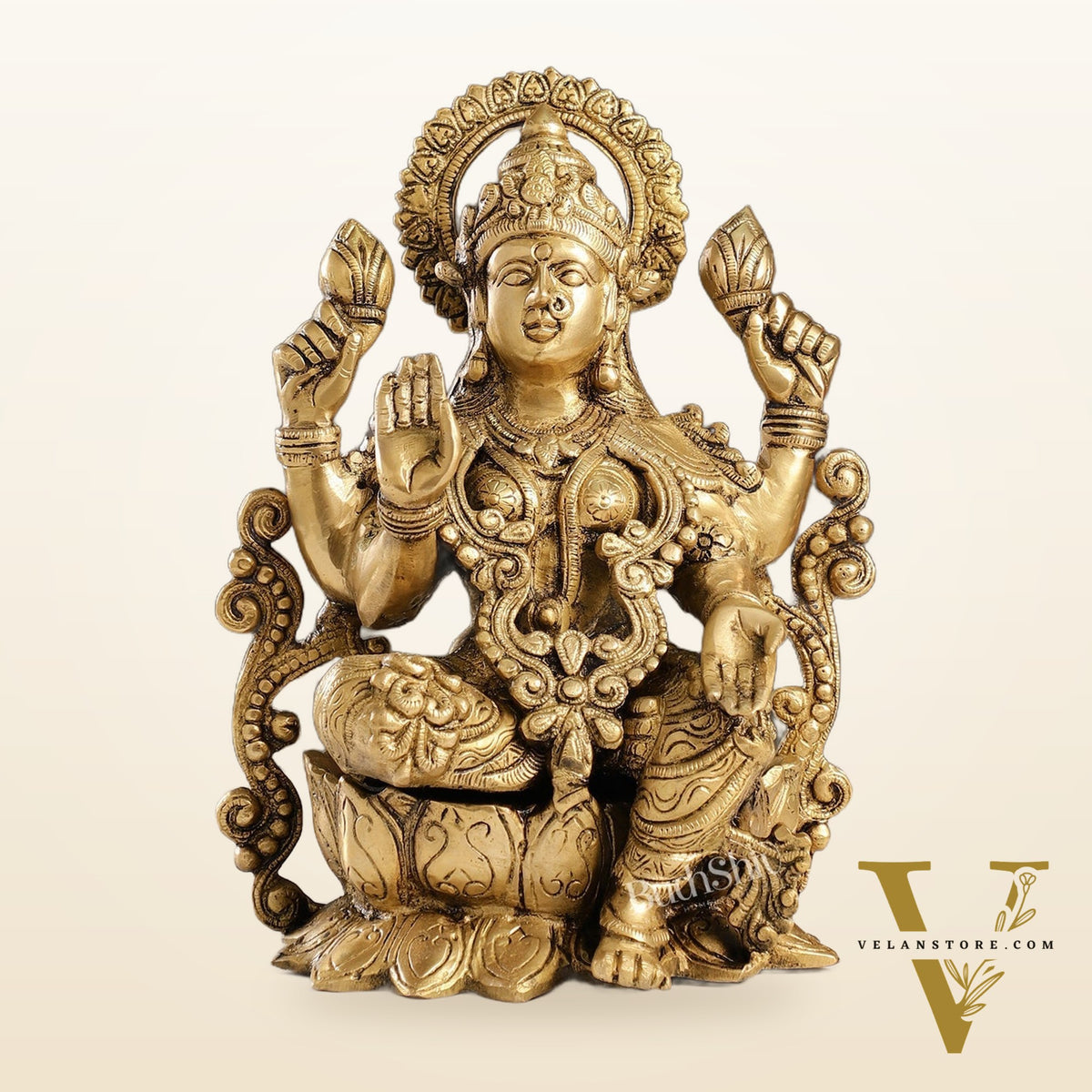 Brass Lakshmi Idol on Lotus | 12" Height | Divine Abundance