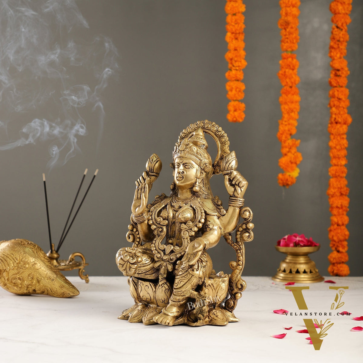 Brass Lakshmi Idol on Lotus | 12" Height | Divine Abundance