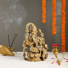 Brass Lakshmi Idol on Lotus | 12" Height | Divine Abundance
