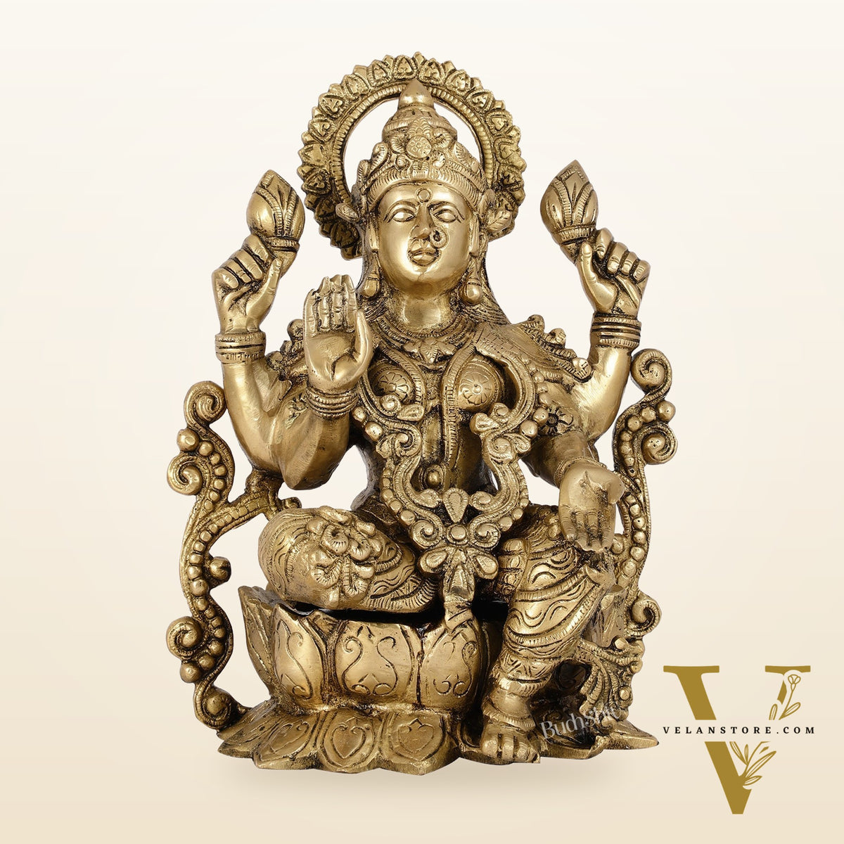 Brass Lakshmi Idol on Lotus | 12" Height | Divine Abundance