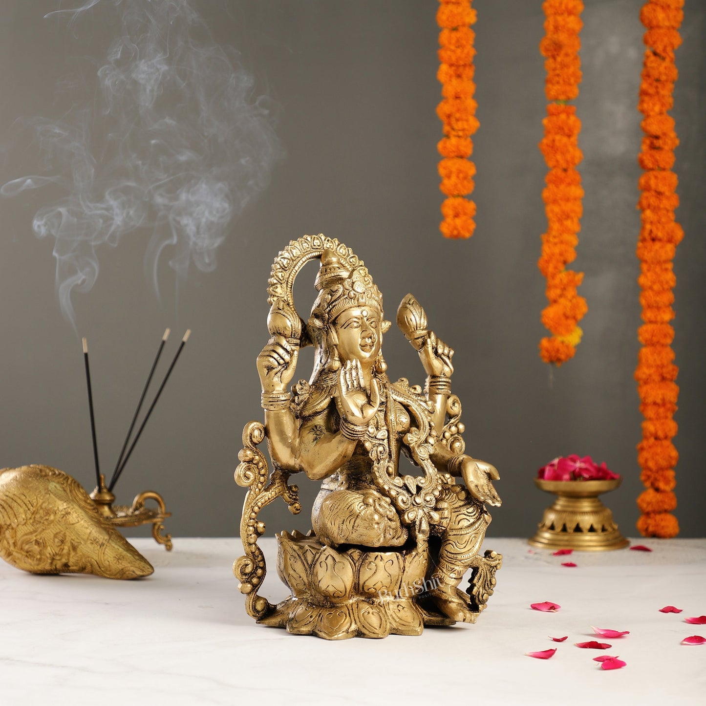 Brass Lakshmi Idol on Lotus | 12" Height | Divine Abundance