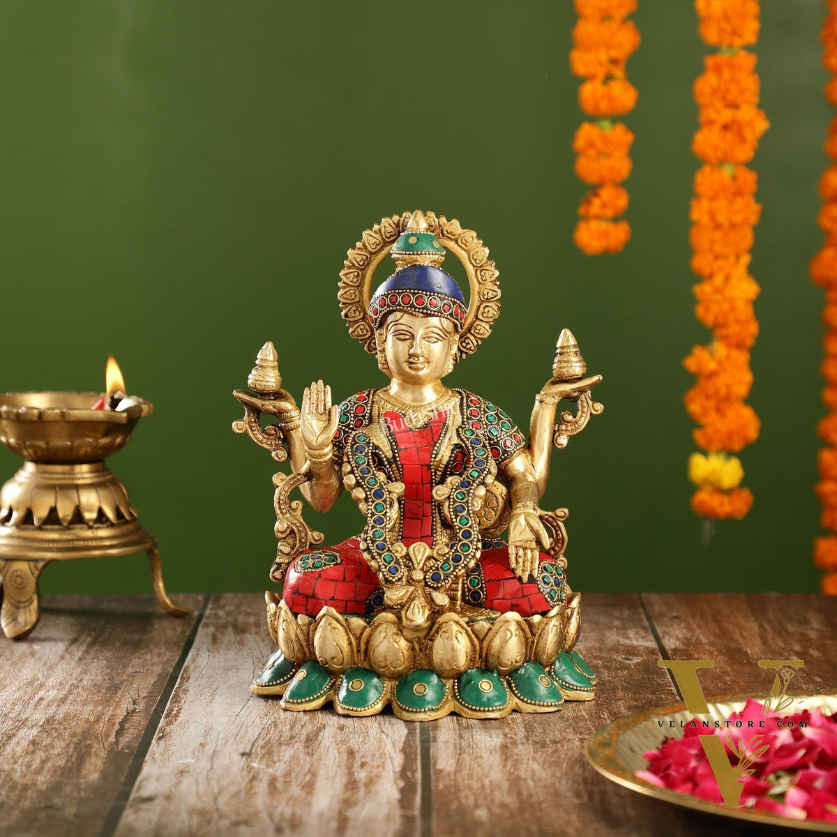 Brass Lakshmi Idol Seated on Lotus Base | 10.5" Height