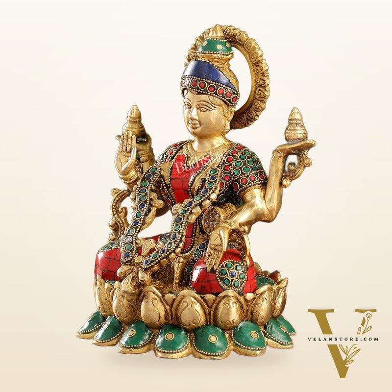 Brass Lakshmi Idol Seated on Lotus Base | 10.5" Height