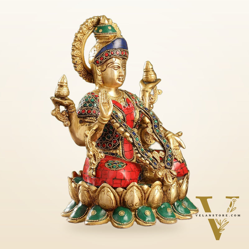 Brass Lakshmi Idol Seated on Lotus Base | 10.5" Height