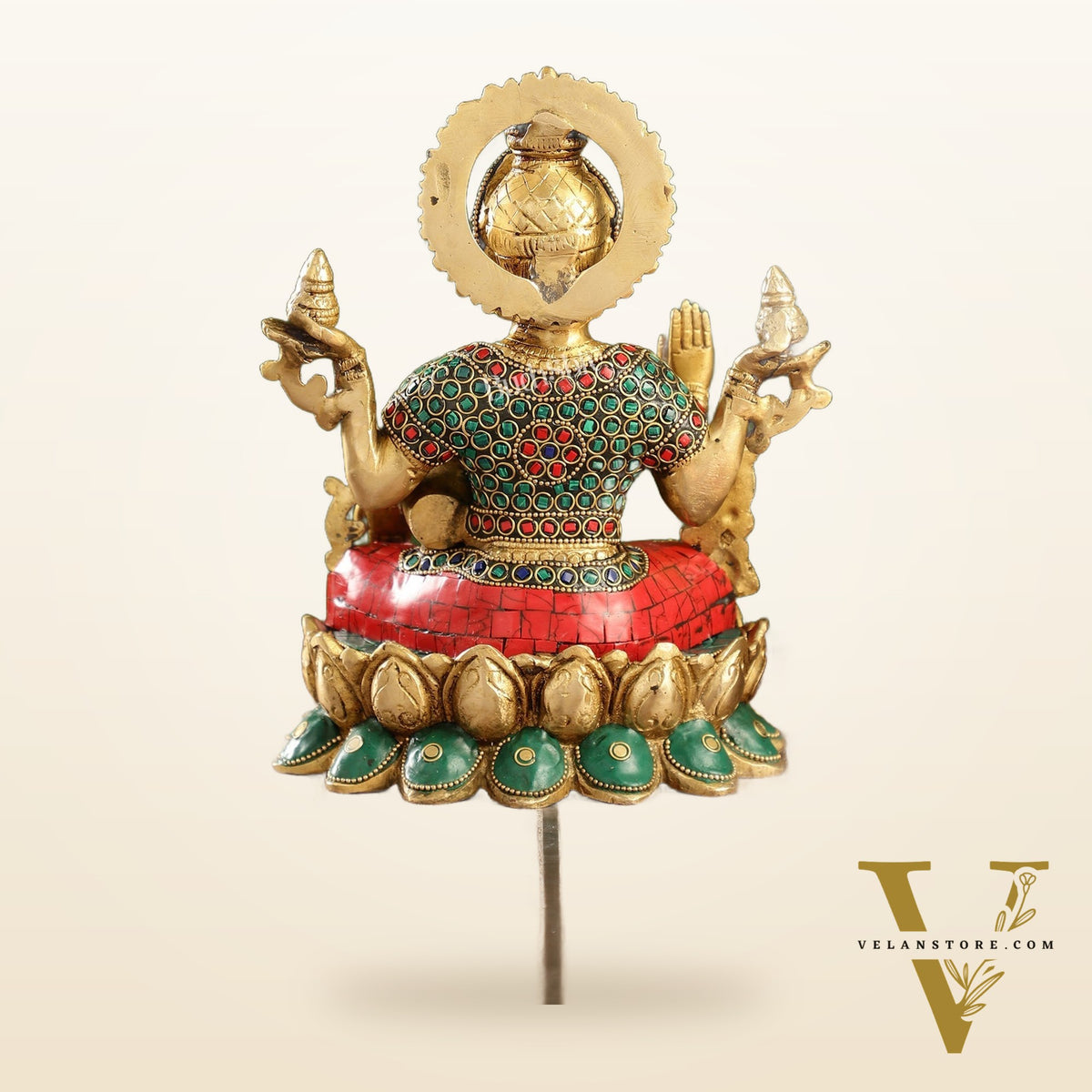 Brass Lakshmi Idol Seated on Lotus Base | 10.5" Height