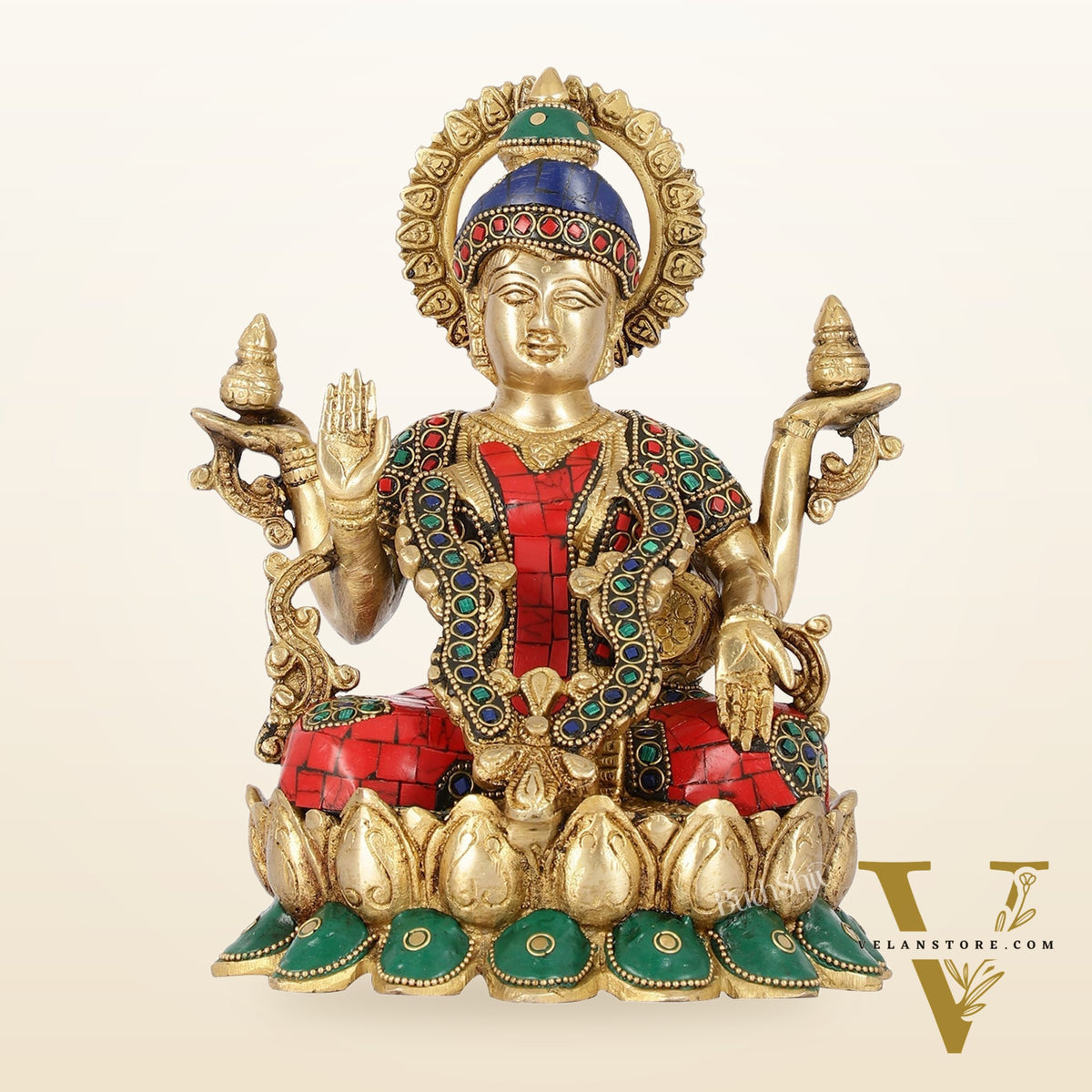 Brass Lakshmi Idol Seated on Lotus Base | 10.5" Height