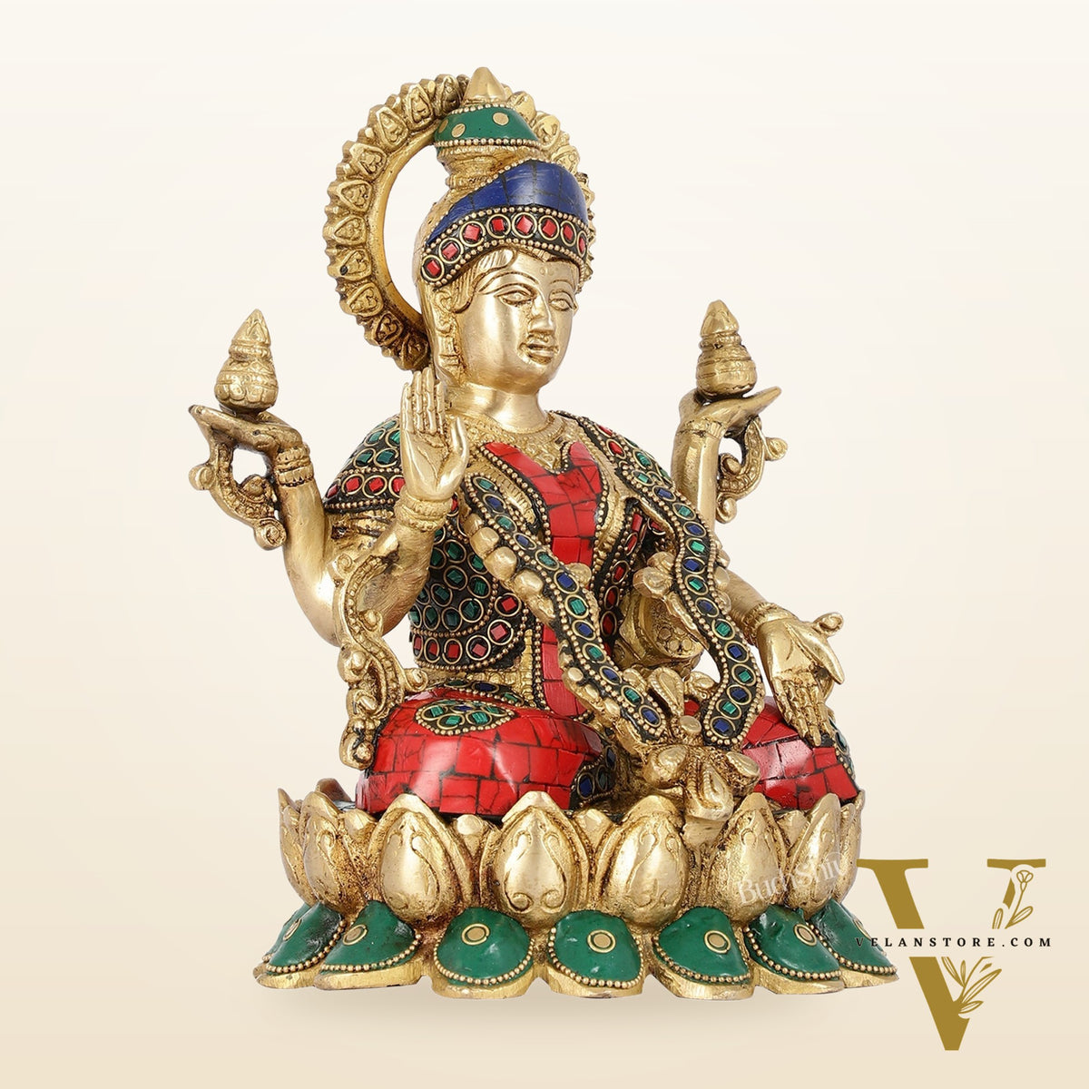 Brass Lakshmi Idol Seated on Lotus Base | 10.5" Height