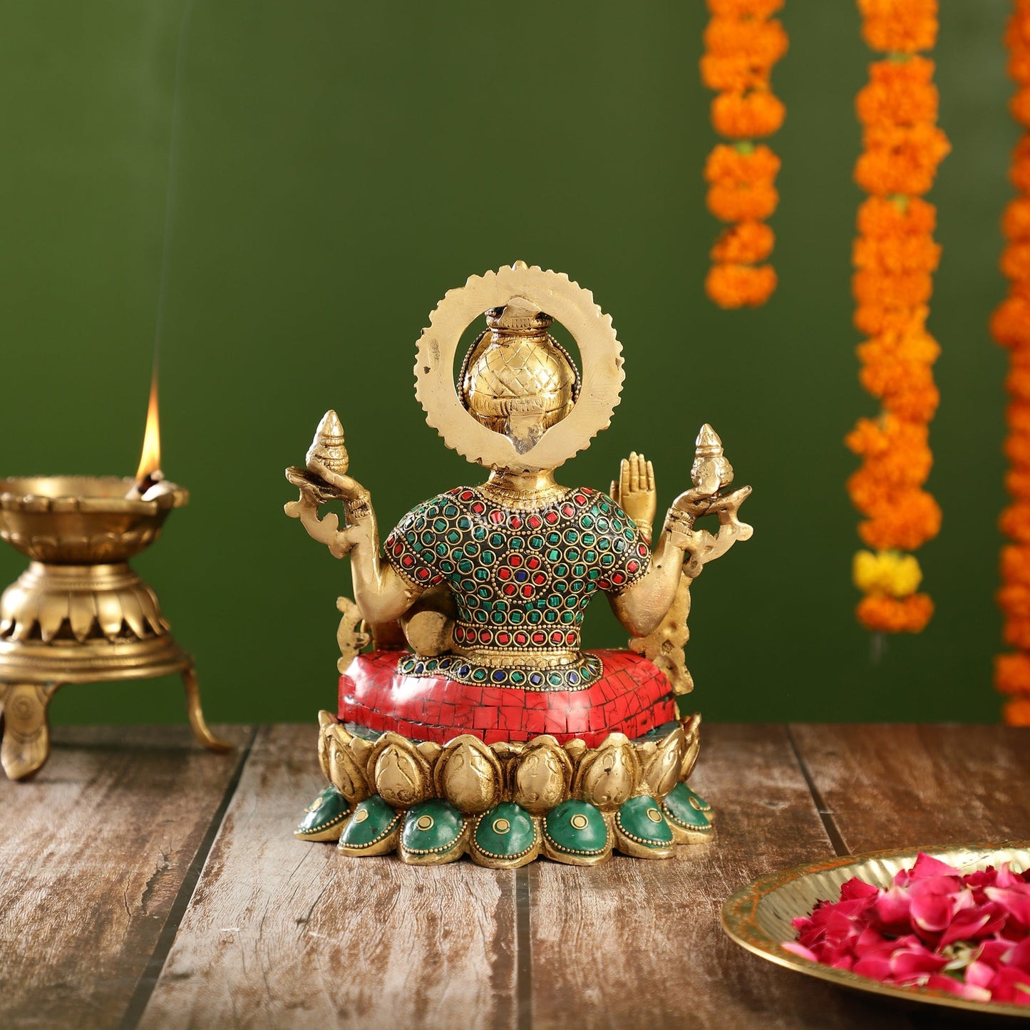 Brass Lakshmi Idol Seated on Lotus Base | 10.5" Height