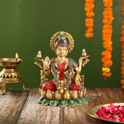 Brass Lakshmi Idol Seated on Lotus Base | 10.5" Height
