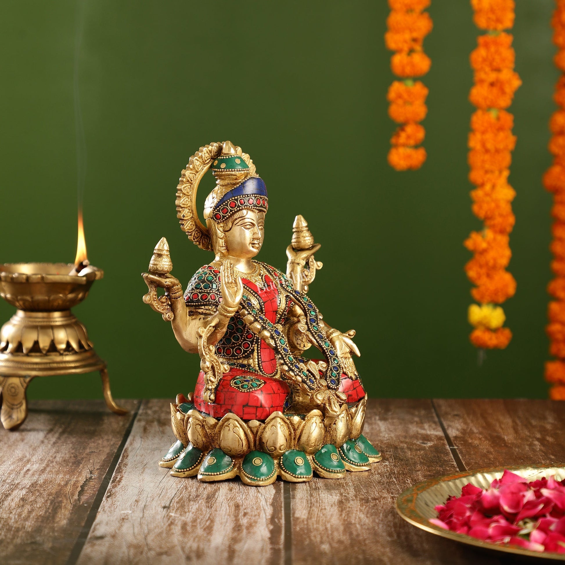 Brass Lakshmi Idol Seated on Lotus Base | 10.5" Height