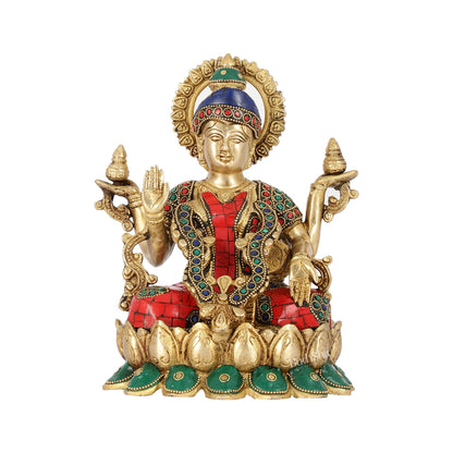 Brass Lakshmi Idol Seated on Lotus Base | 10.5" Height