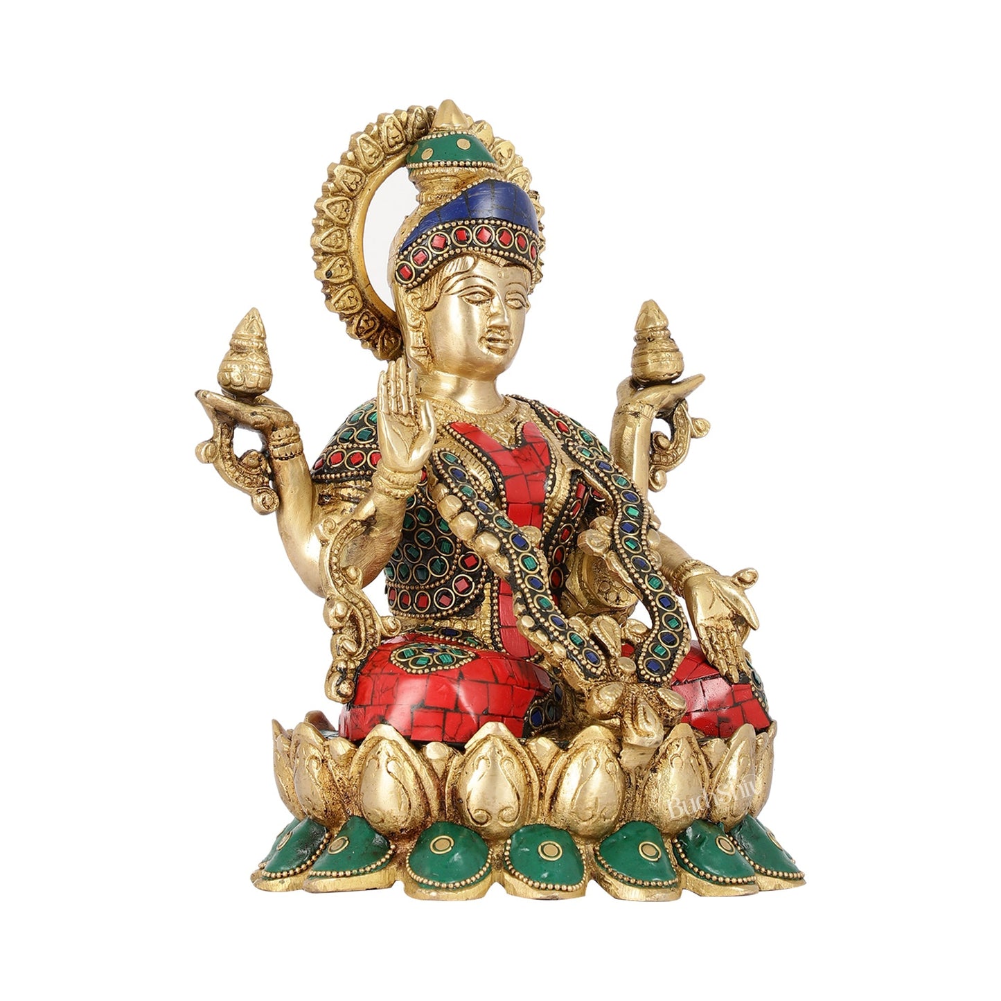 Brass Lakshmi Idol Seated on Lotus Base | 10.5" Height