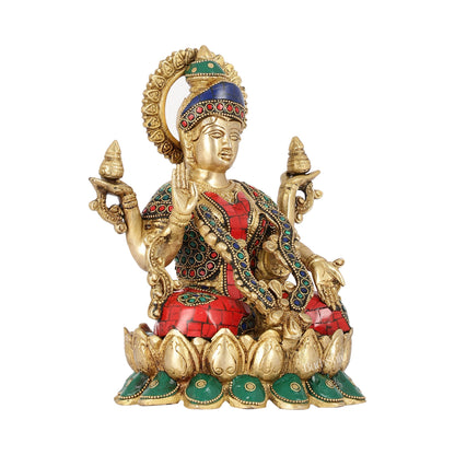 Brass Lakshmi Idol Seated on Lotus Base | 10.5" Height