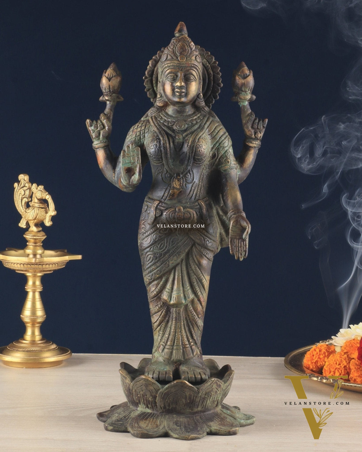 Brass Lakshmi idol standing vintage patine 16.5"