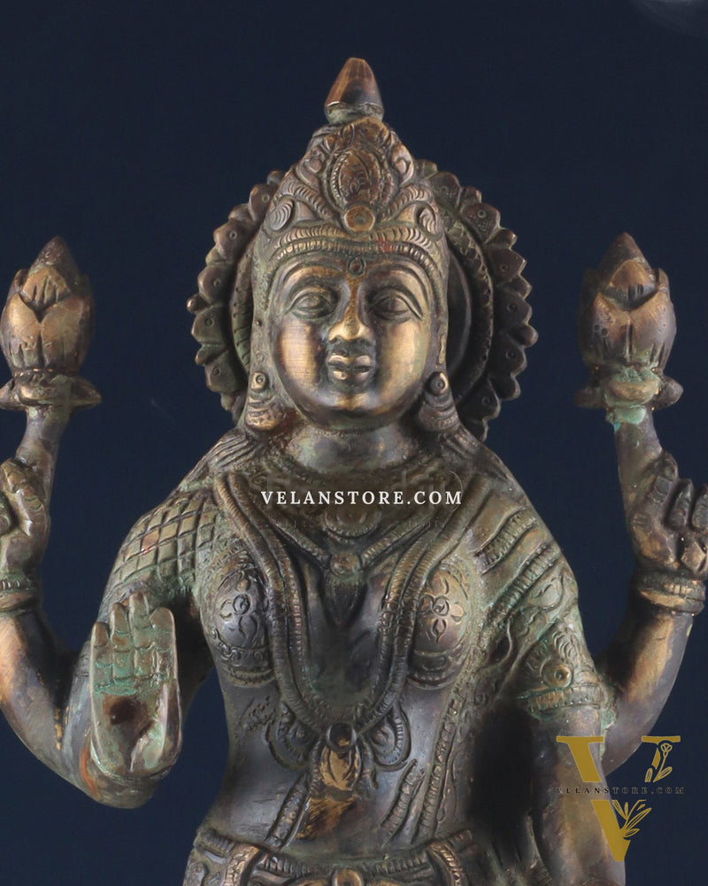 Brass Lakshmi idol standing vintage patine 16.5"