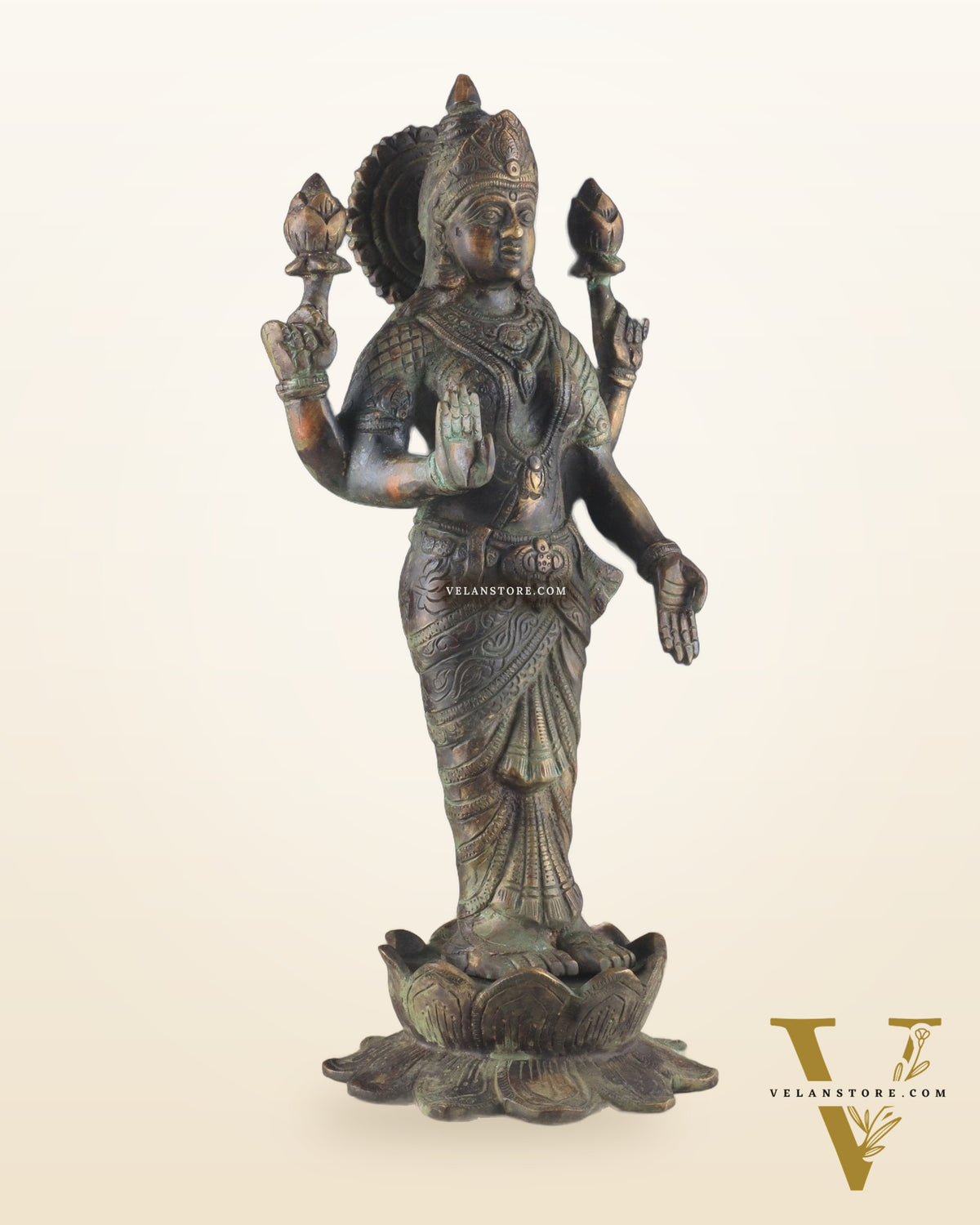 Brass Lakshmi idol standing vintage patine 16.5"