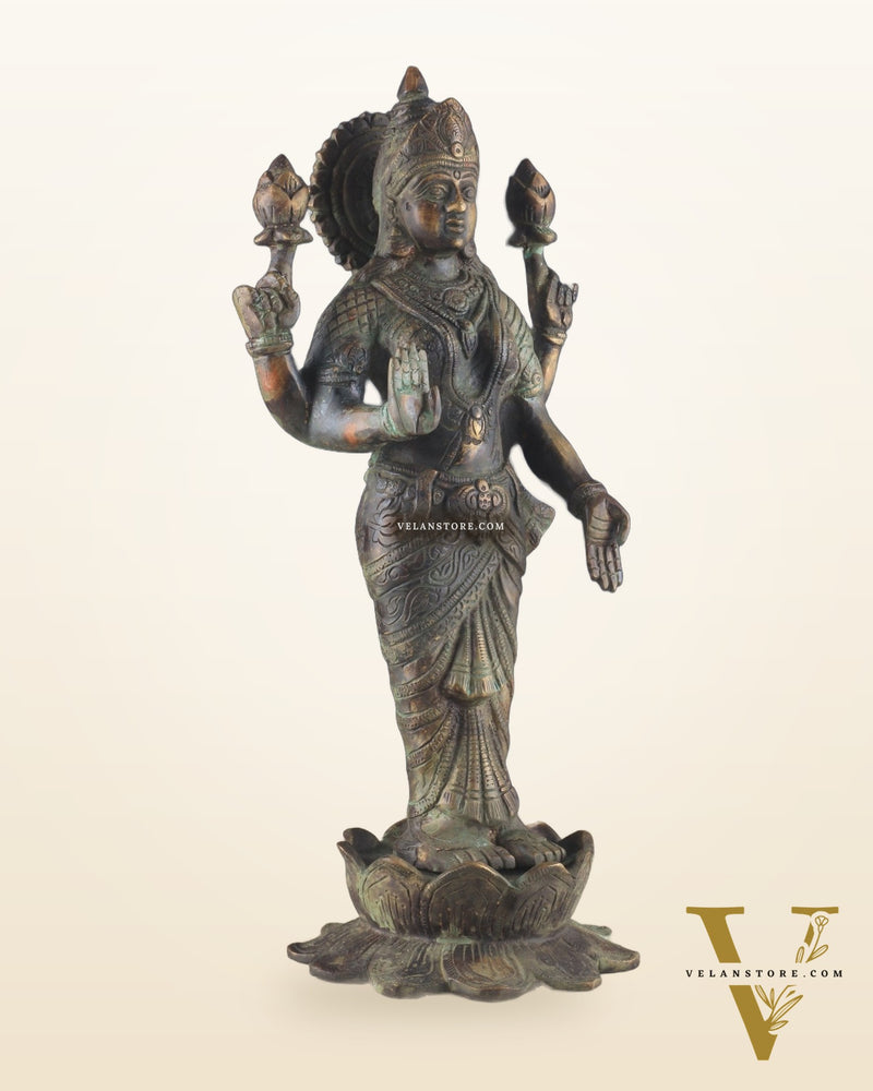 Brass Lakshmi idol standing vintage patine 16.5"