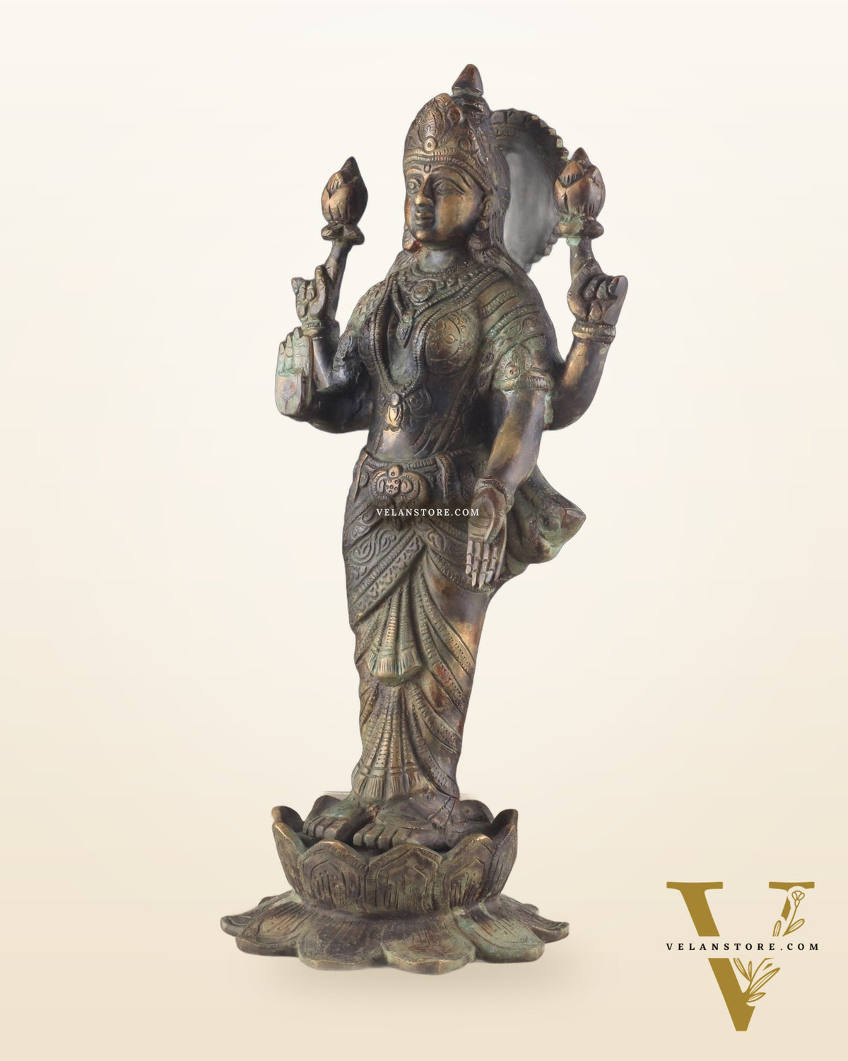 Brass Lakshmi idol standing vintage patine 16.5"