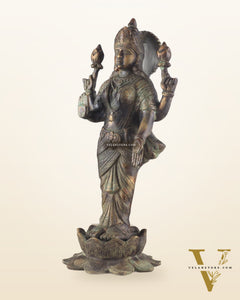 Brass Lakshmi idol standing vintage patine 16.5"