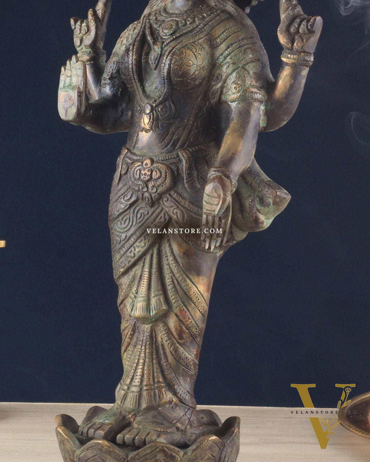 Brass Lakshmi idol standing vintage patine 16.5"