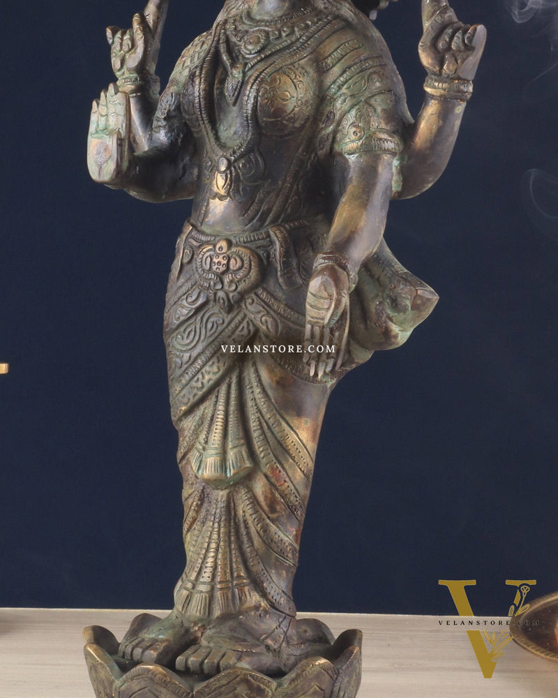 Brass Lakshmi idol standing vintage patine 16.5"