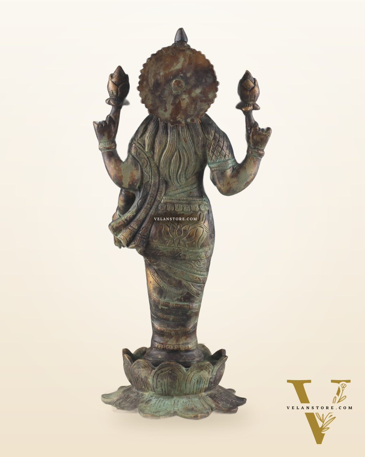 Brass Lakshmi idol standing vintage patine 16.5"