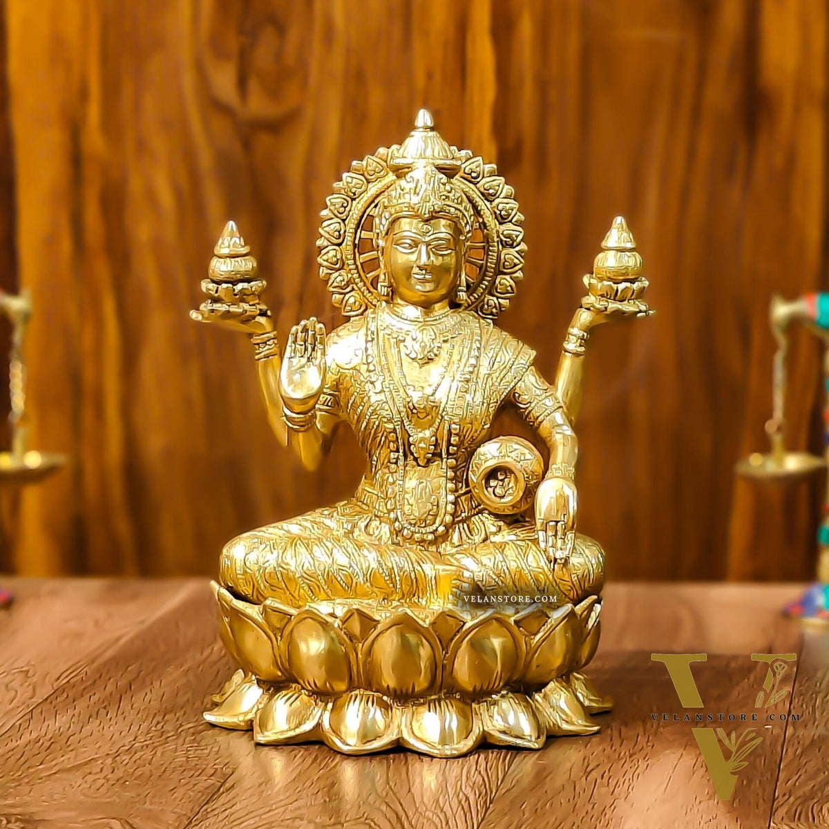 Brass Lakshmi Idol with Golden Finish | 12" Height | Exquisite Craftsmanship