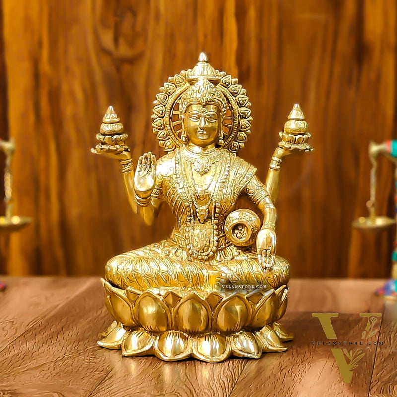Brass Lakshmi Idol with Golden Finish | 12" Height | Exquisite Craftsmanship