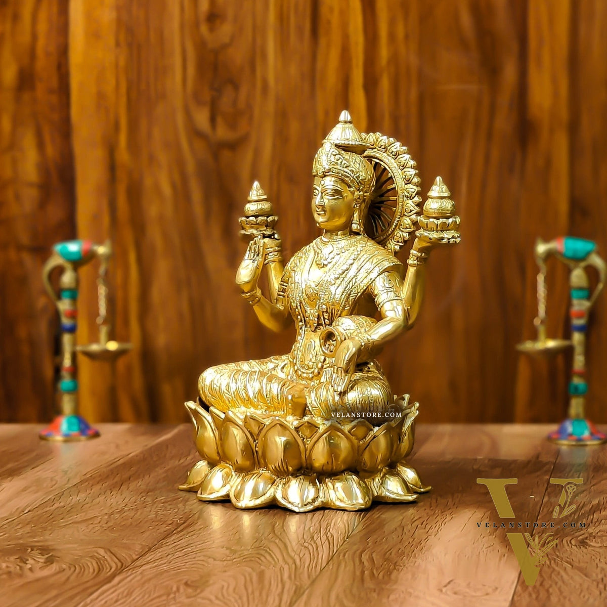 Brass Lakshmi Idol with Golden Finish | 12" Height | Exquisite Craftsmanship