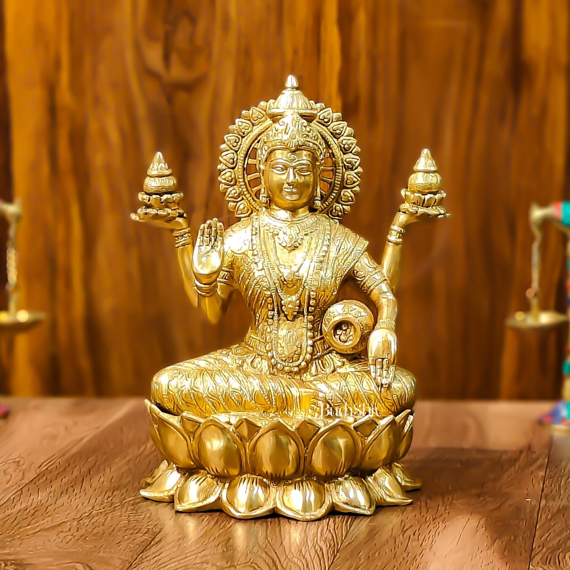 Brass Lakshmi Idol with Golden Finish | 12" Height | Exquisite Craftsmanship