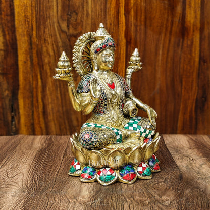 Brass Lakshmi Idol with Meenakari Stonework | 12" Height |