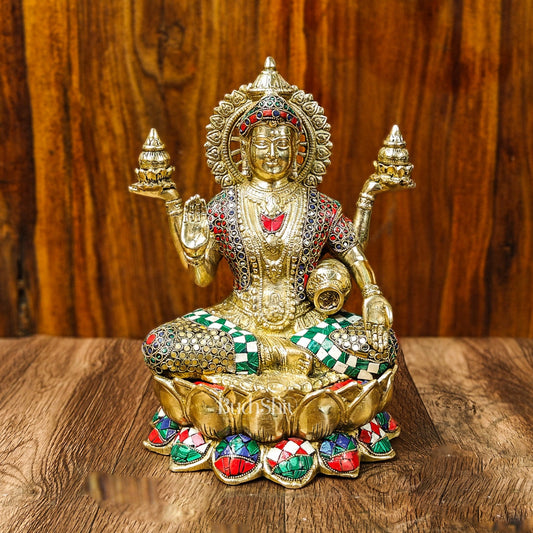 Brass Lakshmi Idol with Meenakari Stonework | 12" Height |