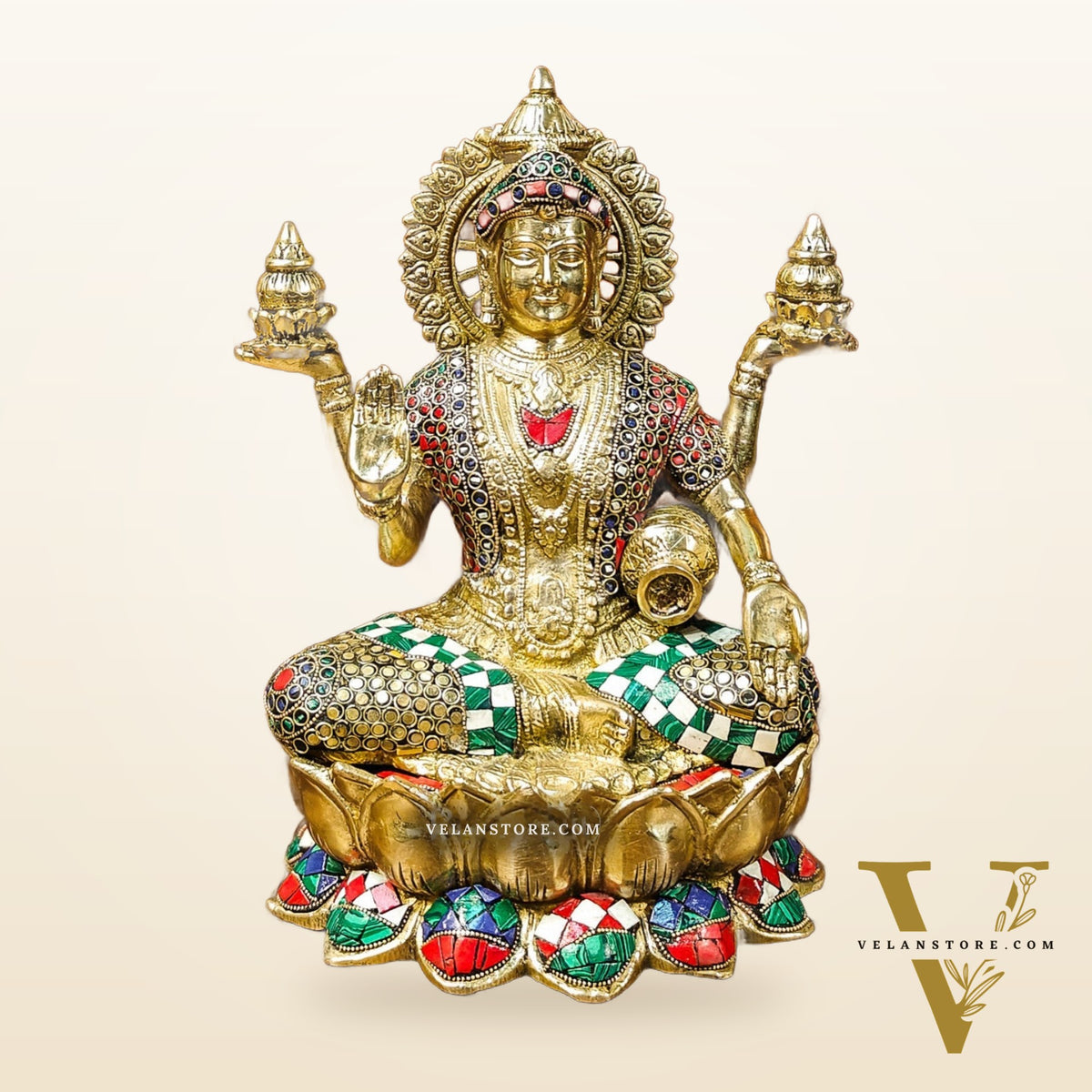 Brass Lakshmi Idol with Meenakari Stonework | 12" Height |