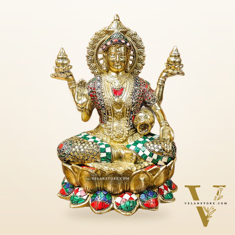 Brass Lakshmi Idol with Meenakari Stonework | 12" Height |