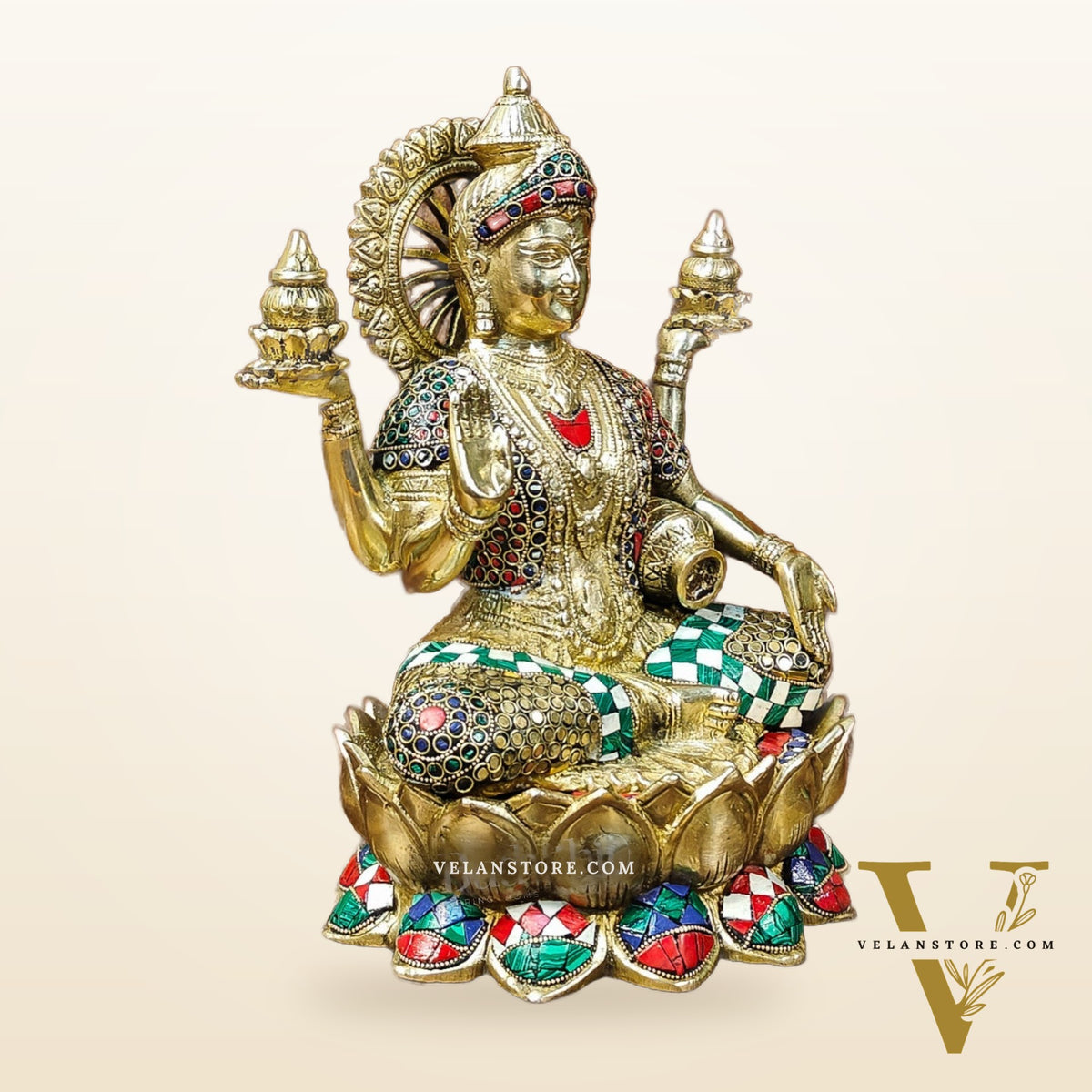 Brass Lakshmi Idol with Meenakari Stonework | 12" Height |