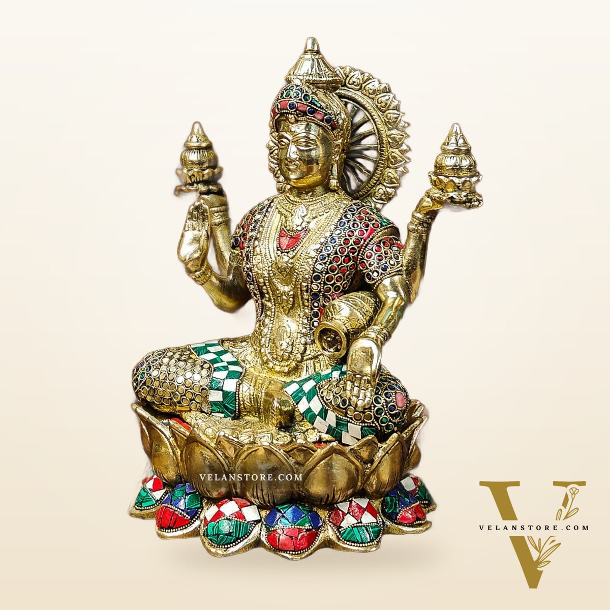 Brass Lakshmi Idol with Meenakari Stonework | 12" Height |