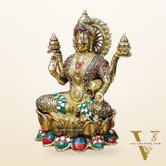 Brass Lakshmi Idol with Meenakari Stonework | 12" Height |
