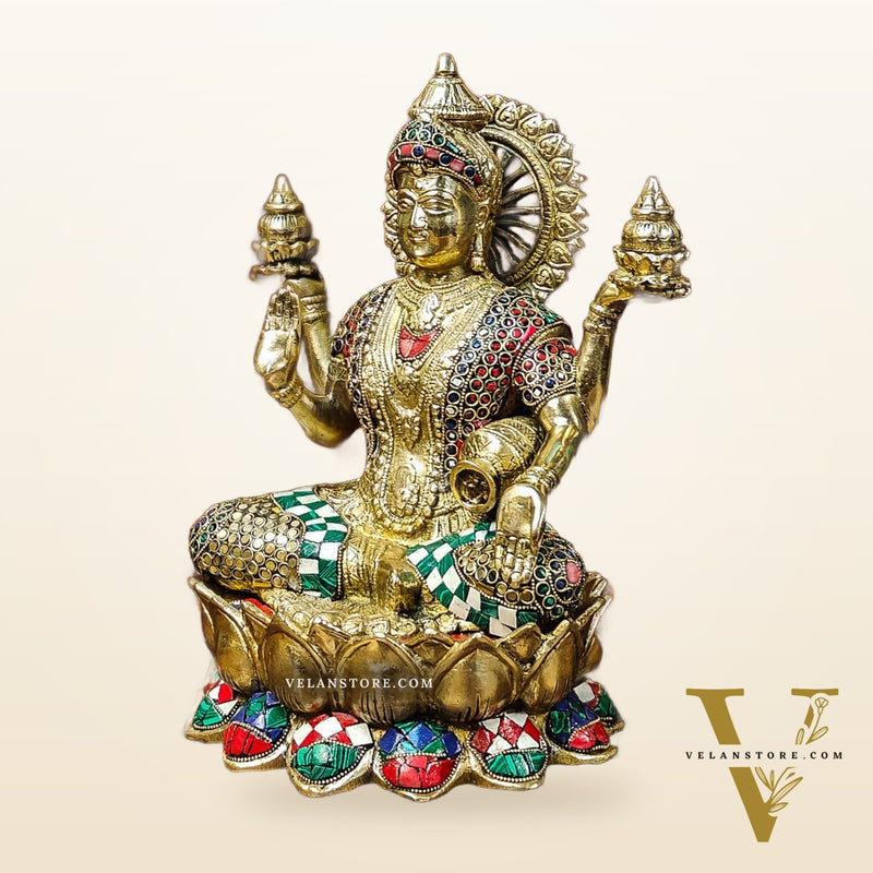 Brass Lakshmi Idol with Meenakari Stonework | 12" Height |