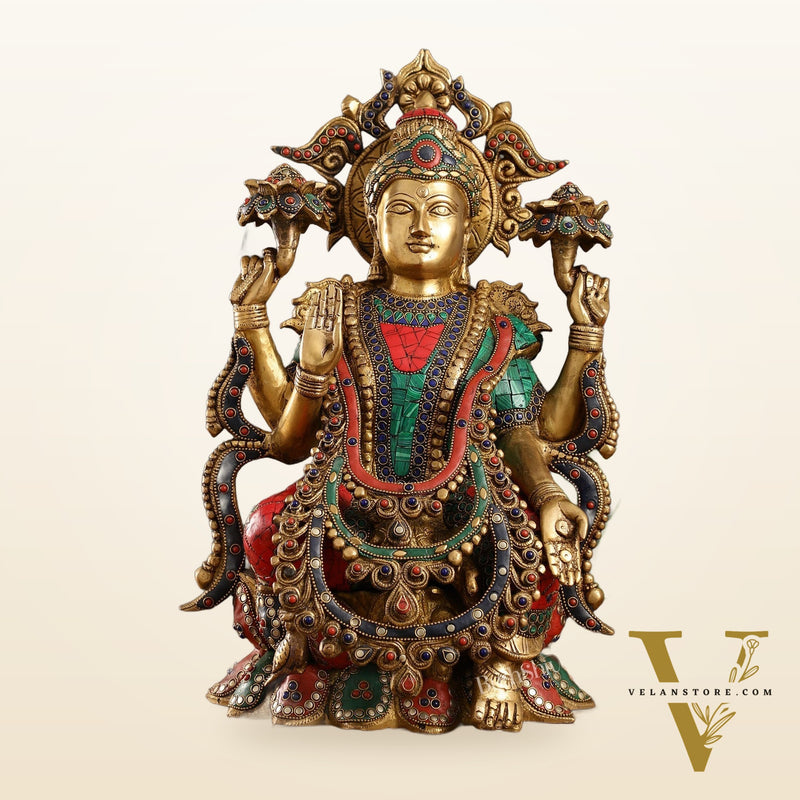 Brass Lakshmi Idol with Stonework 16 inch