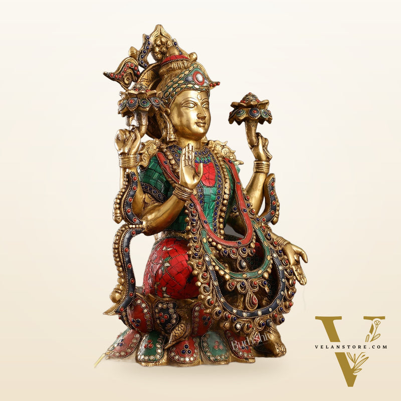 Brass Lakshmi Idol with Stonework 16 inch