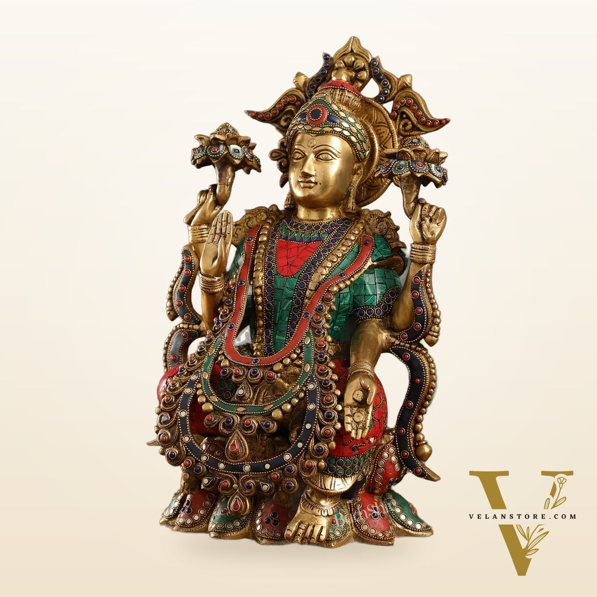 Brass Lakshmi Idol with Stonework 16 inch