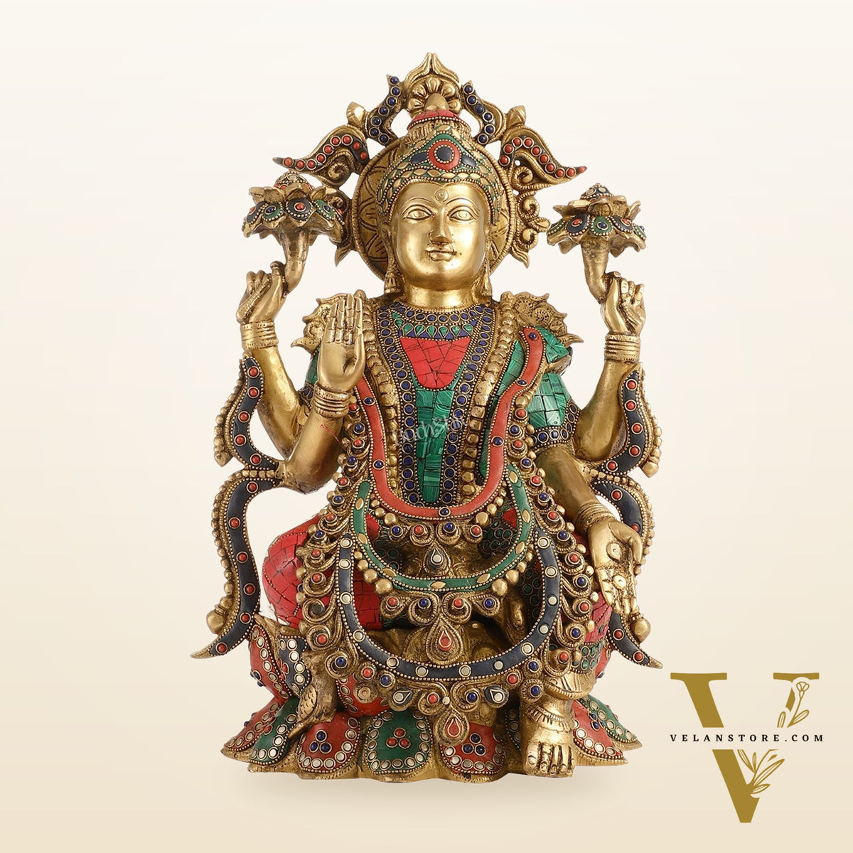 Brass Lakshmi Idol with Stonework 16 inch