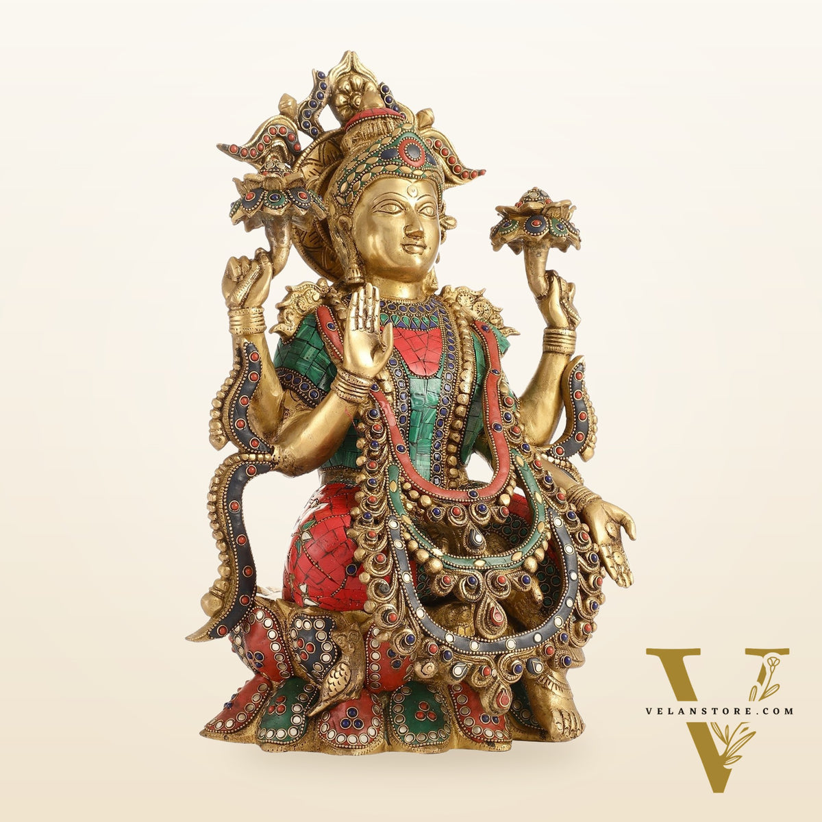 Brass Lakshmi Idol with Stonework 16 inch