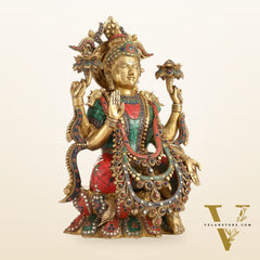 Brass Lakshmi Idol with Stonework 16 inch