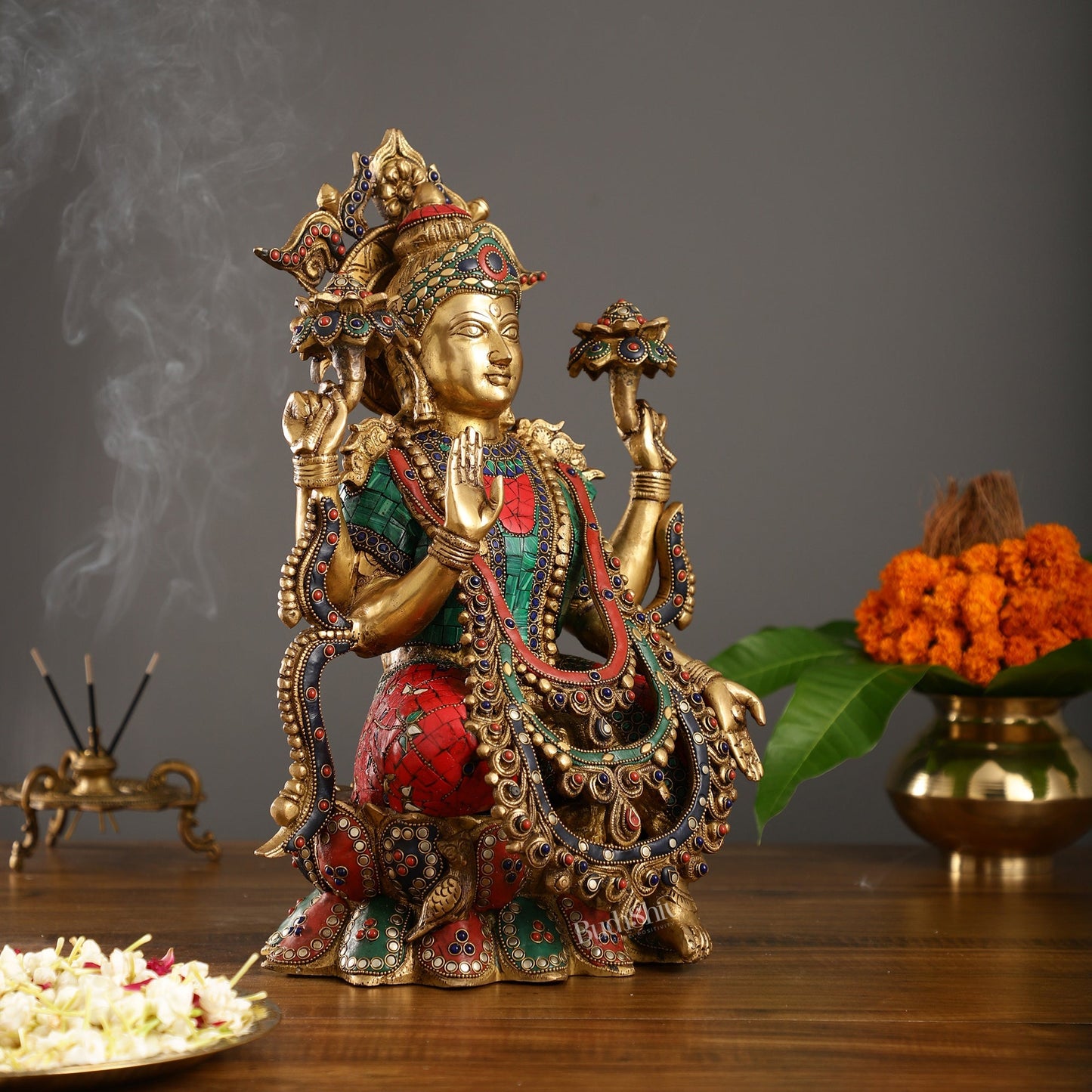 Brass Lakshmi Idol with Stonework 16 inch