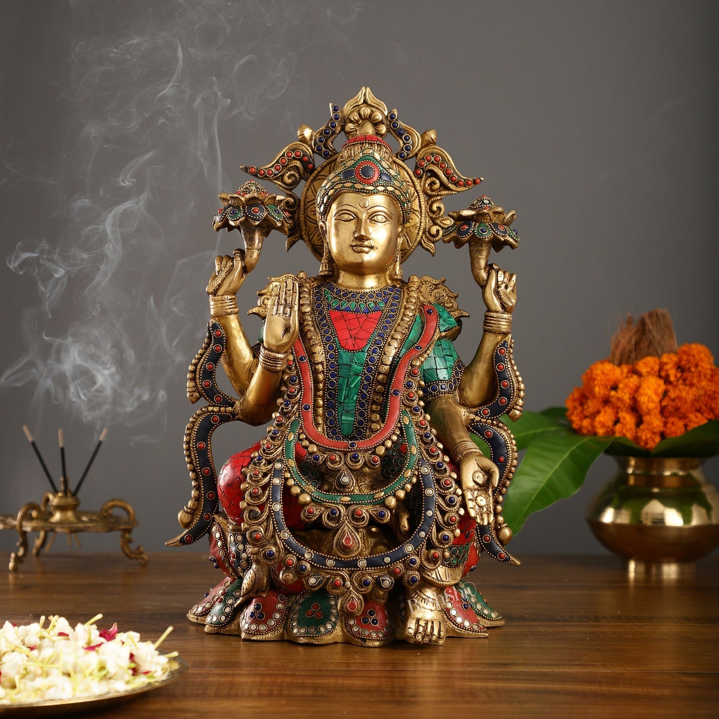 Brass Lakshmi Idol with Stonework 16 inch